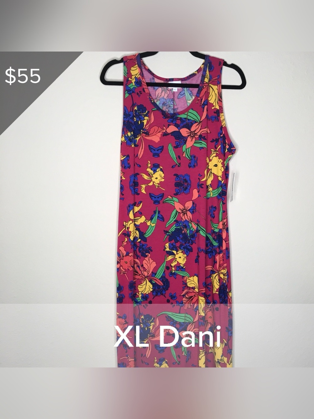 LuLaRoe Dani Maxi Dress in Magenta with Yellow and Blue Floral Print XL